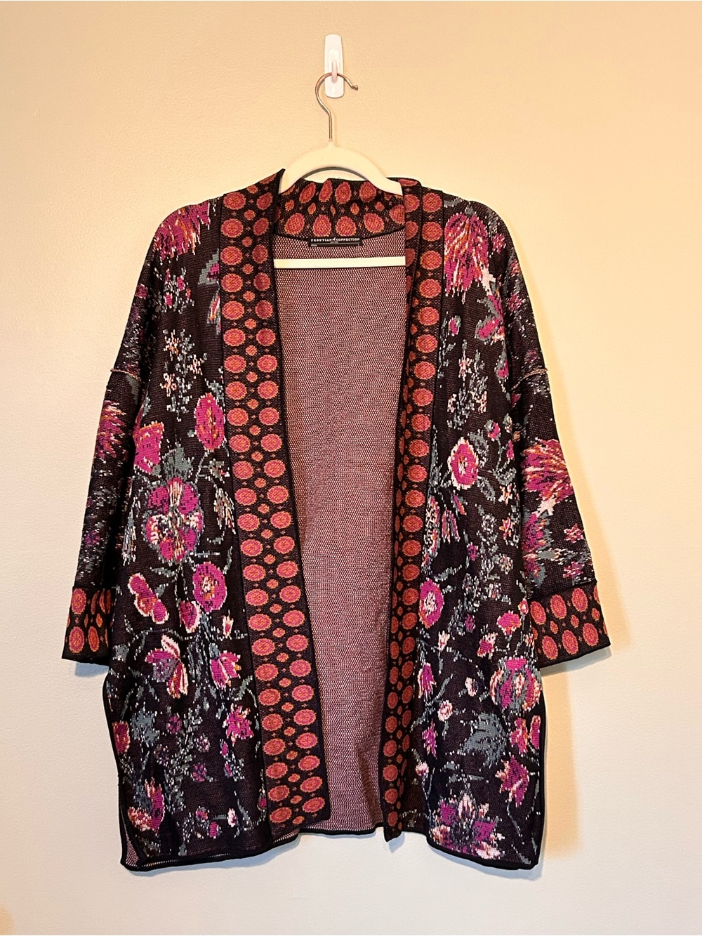 Peruvian Connection Black and Magenta Floral Open-Front Kimono